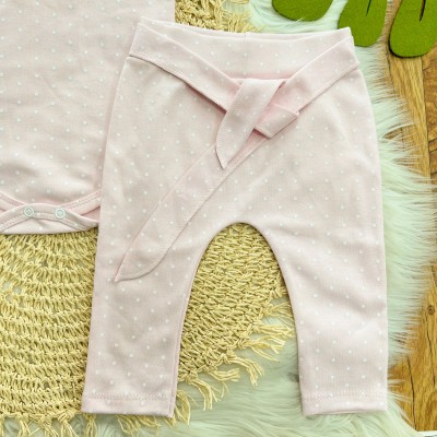 Conj. de Malha 3 Peças - Flores com Ramos Dourados - Branco e Rosa Bebê